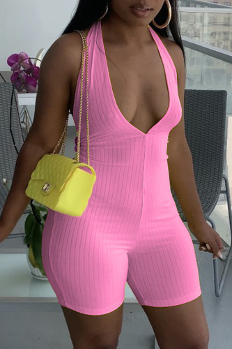 Pink Sexy Casual Solid Backless Halter Sleeveless Skinny Romper