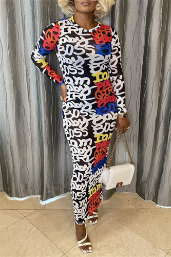 White Fashion Casual Print Basic O Neck Long Sleeve Dresses