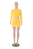 Gelber Sportswear-Zweiteiler mit einfarbigem Patchwork-Reißverschlusskragen und langen Ärmeln