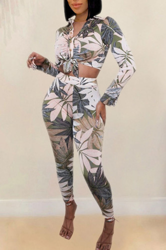Cream White Casual Print Bandage Patchwork Buckle Turndown Collar Long Sleeve Two Pieces