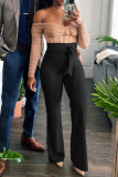 Pantalones casuales de color sólido con corte de bota de patchwork sólido con altavoz de cintura alta negro