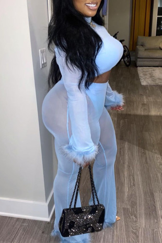 Blue Sexy Solid See-through Half A Turtleneck Long Sleeve Two Pieces