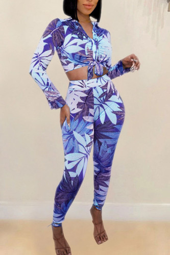 Blue Casual Print Bandage Patchwork Buckle Turndown Collar Long Sleeve Two Pieces