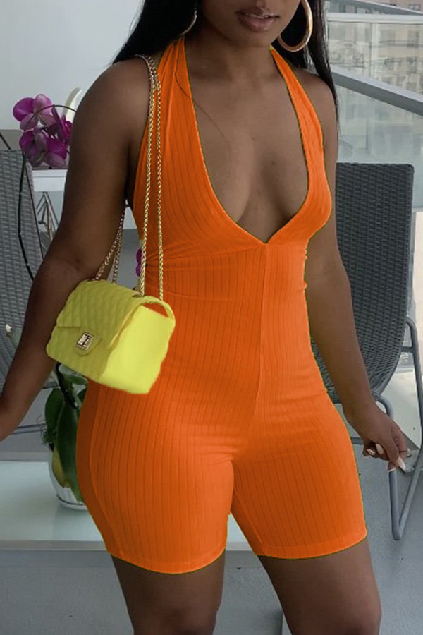 Оранжевый сексуальный повседневный однотонный обтягивающий комбинезон без рукавов с открытой спиной и лямкой на шее