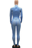 Blauwe casual print patchwork halve coltrui skinny jumpsuits