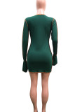 Green Sexy Solid Hollowed Out Patchwork Frenulum O Neck Pencil Skirt Dresses
