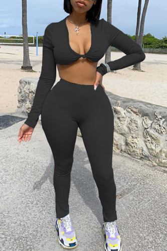 Black Sexy Solid Patchwork V Neck Long Sleeve Two Pieces