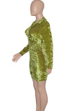 Зеленые модные сексуальные однотонные платья с отложным воротником и длинными рукавами на пуговицах