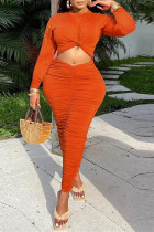 Orange Mode Casual Solid urholkat Vik O-hals långärmade klänningar