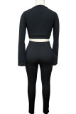 Black Sexy Solid Patchwork O Neck Long Sleeve Two Pieces