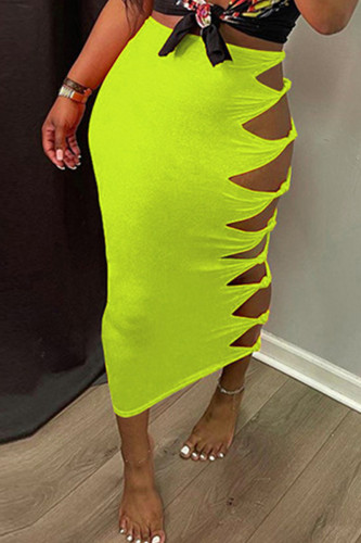 Gele mode casual effen uitgeholde normale rok met hoge taille
