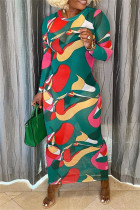 Зеленые модные повседневные платья с круглым вырезом и длинным рукавом с принтом
