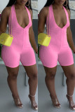 Pink Sexy Casual Solid Backless Halter Sleeveless Skinny Romper