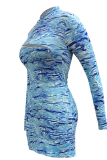 ブルーのセクシーなプリント パッチワーク ハーフ A タートルネック ペンシル スカート ドレス