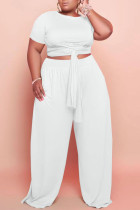 White Casual Solid Bandage Patchwork O Neck Plus Size Two Pieces