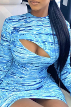 Vestidos de falda de lápiz de cuello alto con estampado de patchwork sexy azul