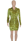 Green Fashion Sexy Solid Buttons Turndown Collar Long Sleeve Dresses