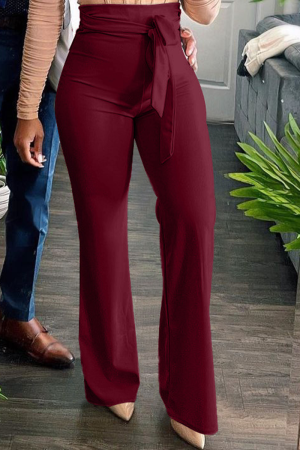 Burgundy Casual Solid Patchwork Boot Cut High Waist Speaker Solid Color Bottoms