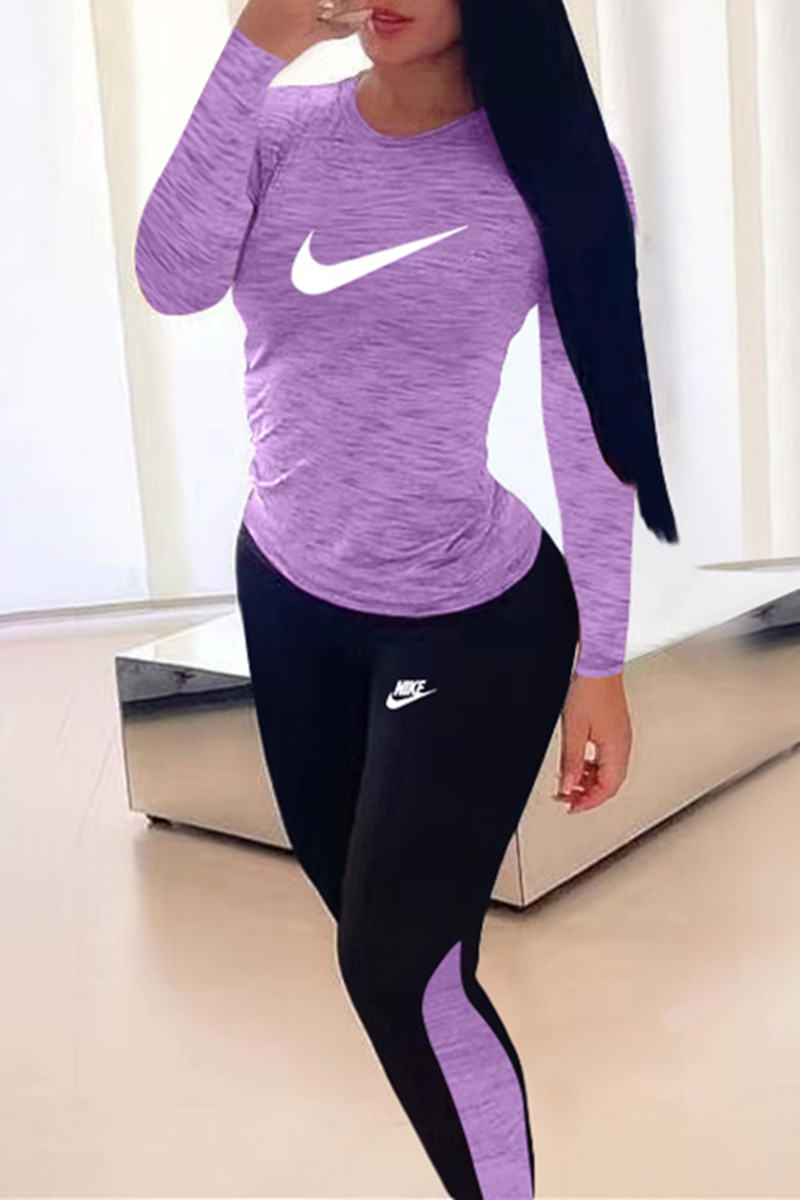 

Light Purple Casual Sportswear Print Split Joint O Neck Long Sleeve Two Pieces