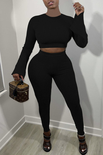 Black Sexy Solid Patchwork O Neck Long Sleeve Two Pieces