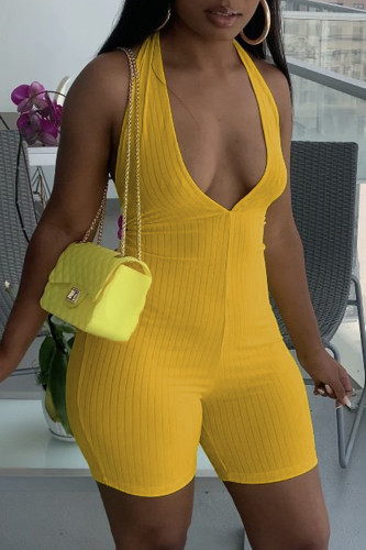Yellow Sexy Casual Solid Backless Halter Sleeveless Skinny Romper