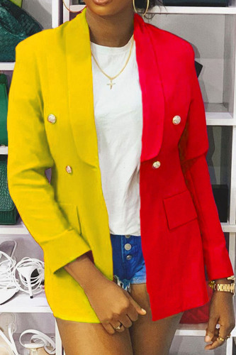 Yellow Casual Color Block Buckle Turn-back Collar Outerwear