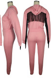 Pink Casual Solid Tassel Patchwork Hooded Collar Long Sleeve Two Pieces