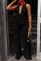 Black Sexy Patchwork Backless V Neck Straight Jumpsuits
