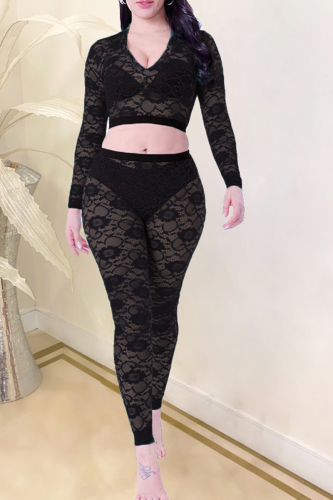 Black Sexy Patchwork Lace V Neck Long Sleeve Two Pieces