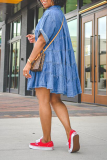 ブルー カジュアル ソリッド パッチワーク ターンダウン カラー ケーキ スカート ドレス