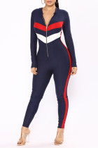 Dark Blue Fashion Casual Patchwork Zipper Collar Skinny Jumpsuits