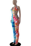 Red Blue Sexy Print Hollowed Out Patchwork Frenulum Backless Halter Skinny Jumpsuits