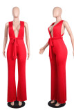 Red Sexy Patchwork Backless V Neck Straight Jumpsuits