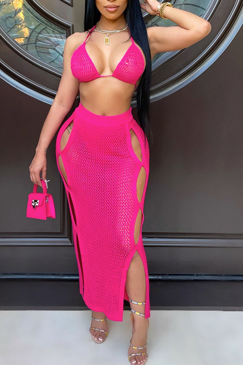 

Rose Red Sexy Solid Hollowed Out Split Joint Frenulum Backless Swimwears