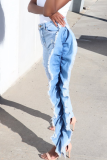 Donkerblauwe sexy effen gescheurde volant skinny denim jeans met halfhoge taille