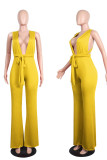 Yellow Sexy Patchwork Backless V Neck Straight Jumpsuits