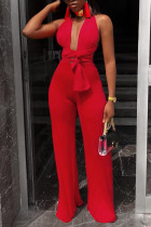Red Sexy Patchwork Backless V Neck Straight Jumpsuits
