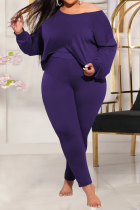 Purple Casual Solid Patchwork O Neck Plus Size Two Pieces