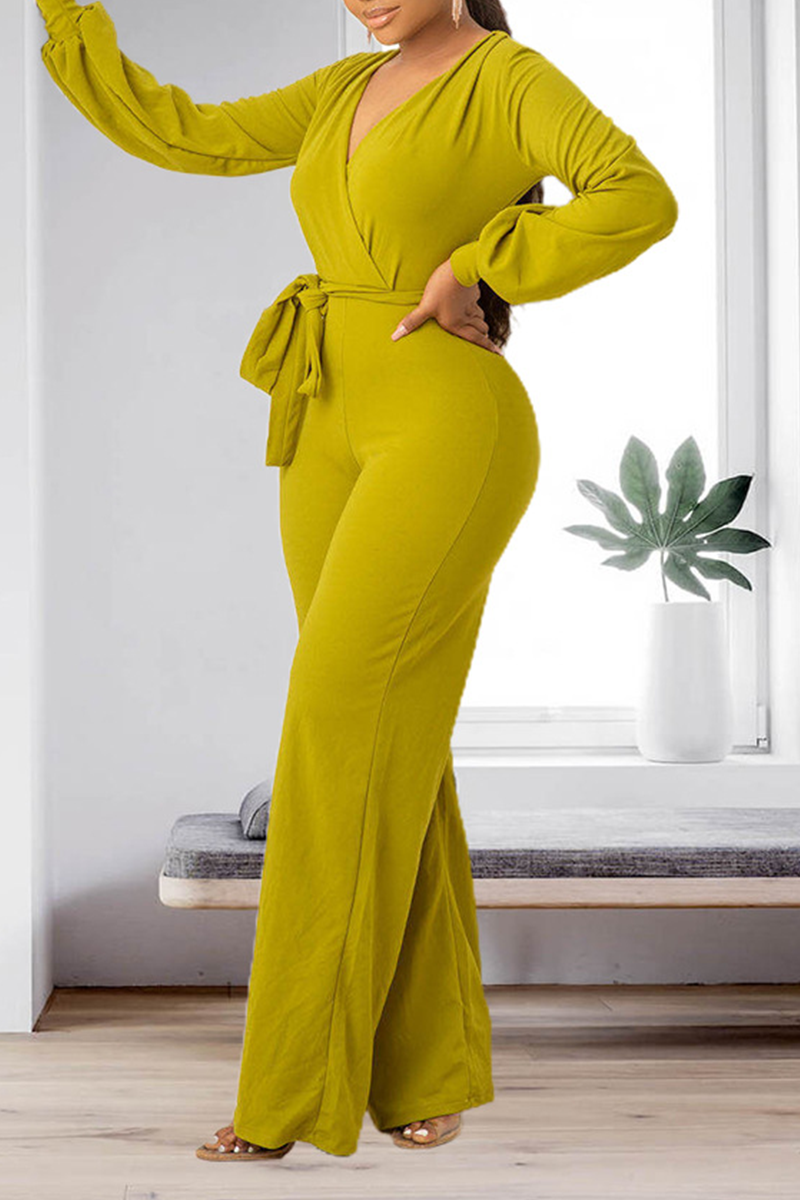 

Green Casual Solid Split Joint V Neck Straight Jumpsuits