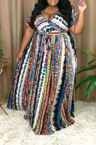 Veelkleurige sexy print patchwork V-hals grote maten jurken