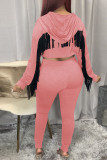 Pink Casual Solid Tassel Patchwork Hooded Collar Long Sleeve Two Pieces