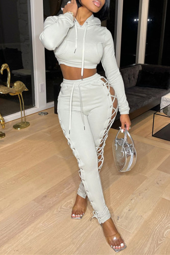 Grey Fashion Casual Solid Bandage Hollowed Out Long Sleeve Two Pieces