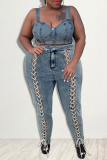 Babyblå Sexig Solid Hollow Out Plus Size