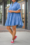 ブルー カジュアル ソリッド パッチワーク ターンダウン カラー ケーキ スカート ドレス