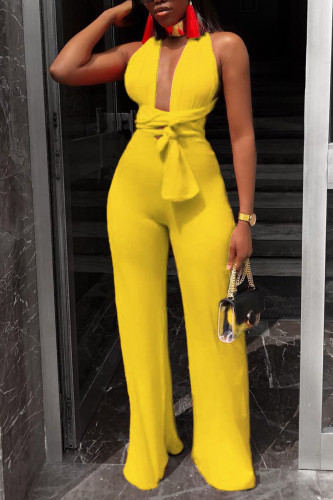 Yellow Sexy Split Joint Backless V Neck Straight Jumpsuits