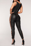 Black Sexy Solid Bandage Hollowed Out Patchwork Frenulum Skinny Jumpsuits
