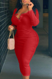 Red Sexy Solid Patchwork V Neck Pencil Skirt Plus Size Dresses