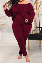Burgundy Casual Solid Patchwork O Neck Plus Size Two Pieces