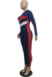Mörkblå Mode Casual Patchwork Skinny Jumpsuits med blixtlåskrage