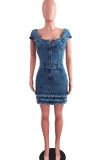 The cowboy blue Street Solid Tassel Patchwork Buckle Square Collar A Line Dresses